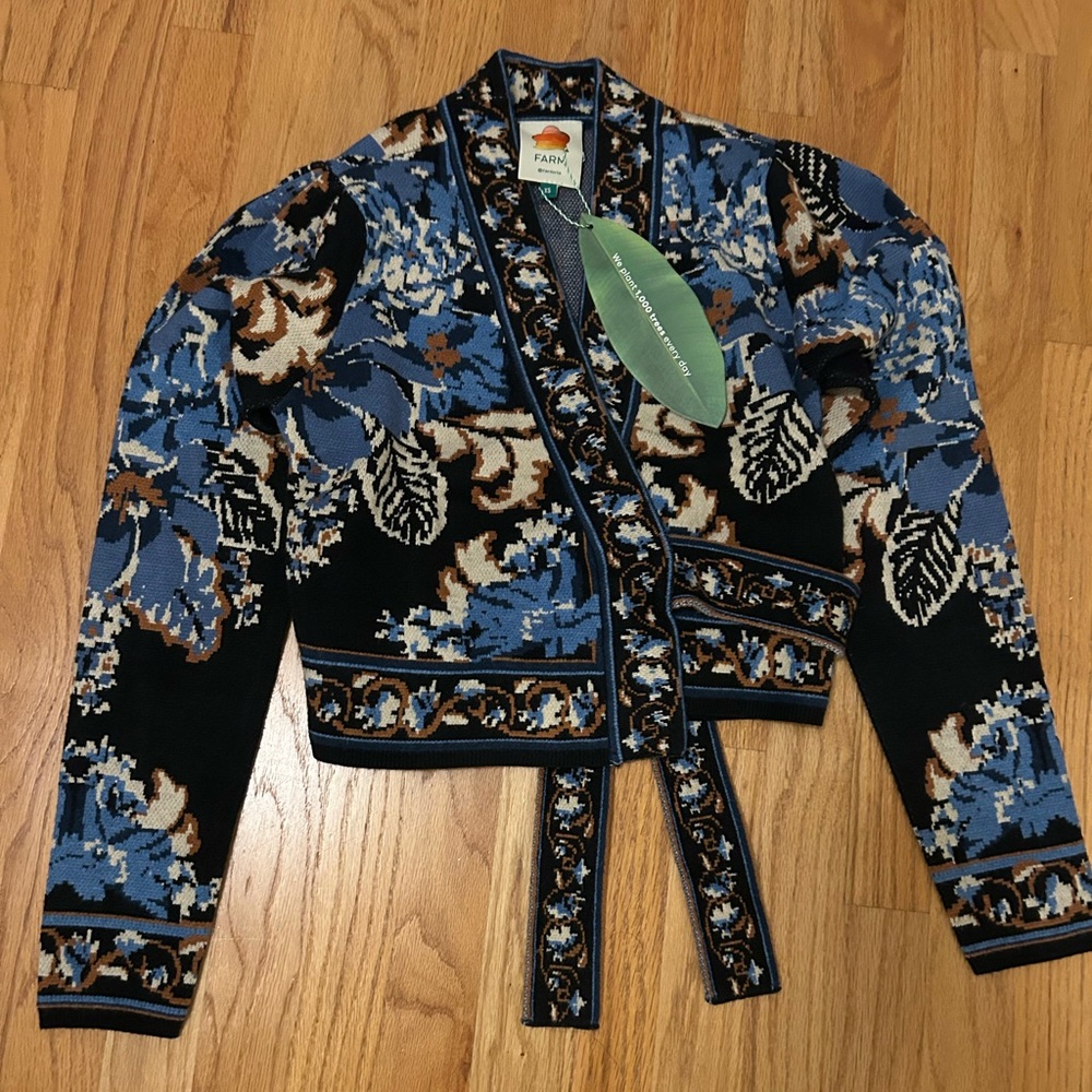 FARM Rio Black Blossom Tapestry Knit Wrap Blouse